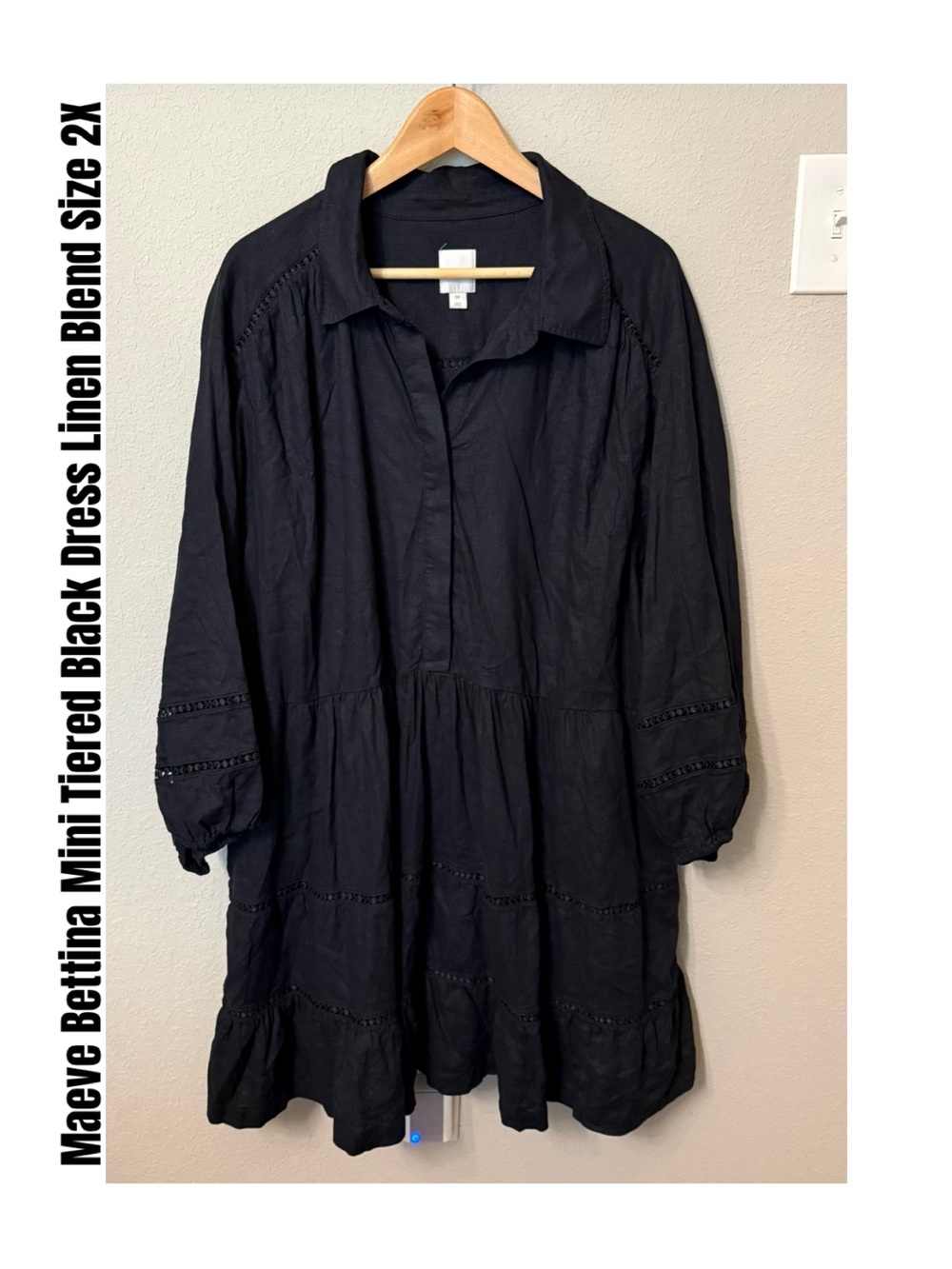 Maeve Bettina Mini Tiered Black Dress Linen Blend Size 2X